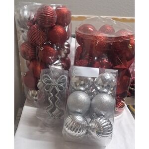 Large Christmas Ornament Lot Red Silver Shatterproof Balls Star Bow Decor Set